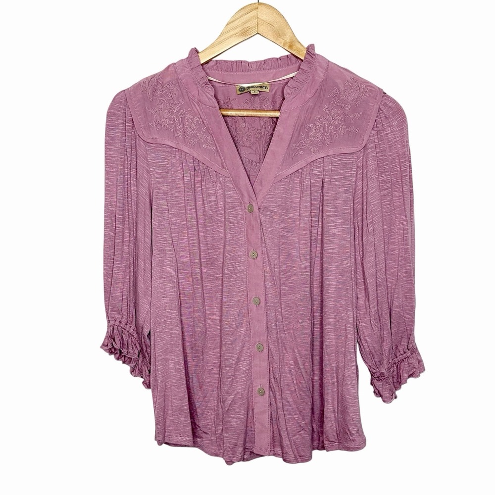 Democracy Embroidered Boho Top Purple Womens Small Stretch Western Festival